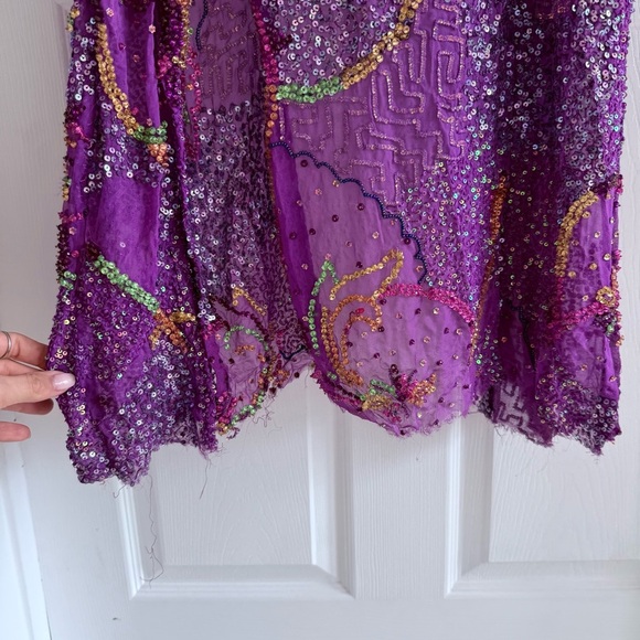 VINTAGE Hand Beaded Sequin Duster Coat Purple Sheer Maxi Evening Glam S/M - Picture 12 of 13